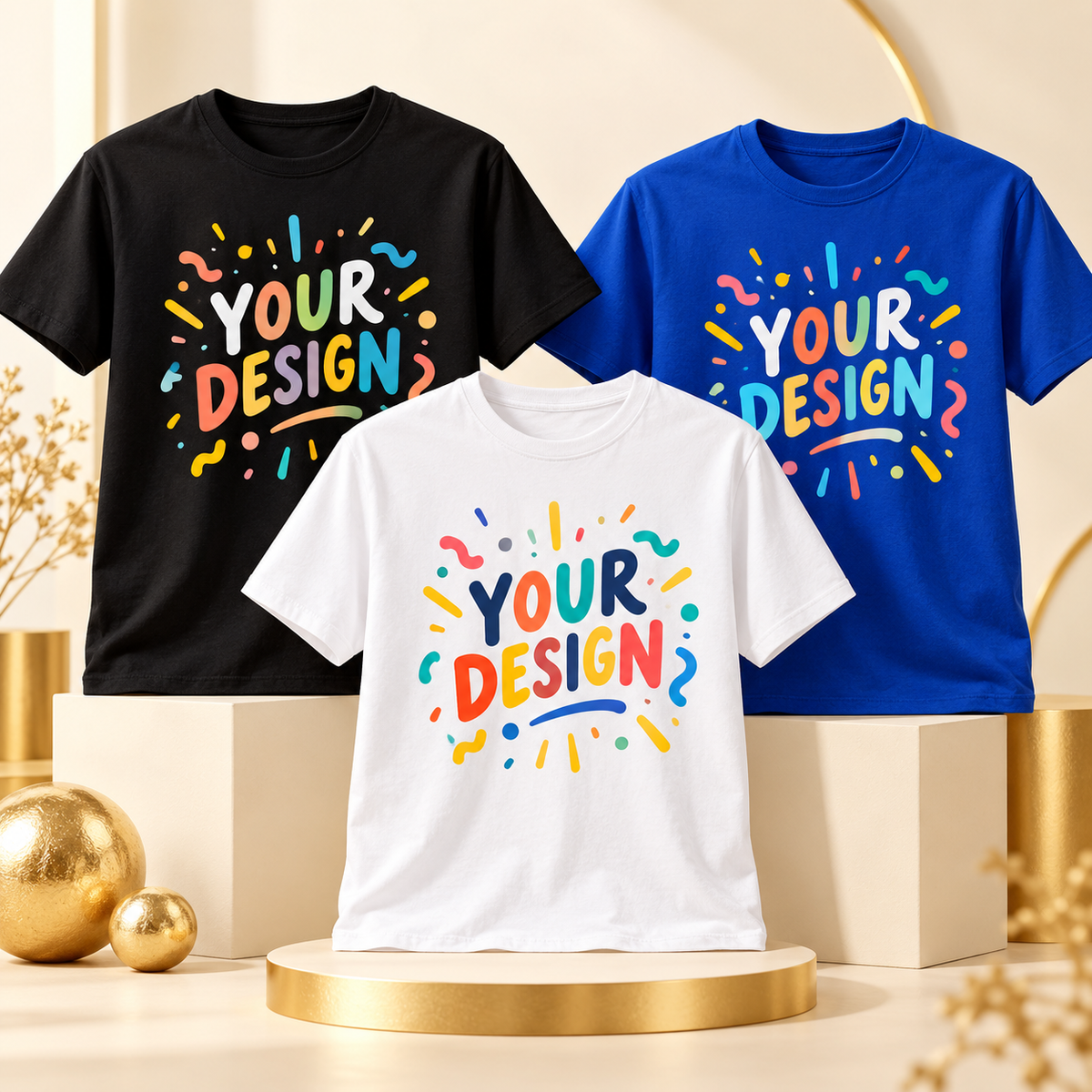 Example mockup of custom printed shirts in black, white, and blue