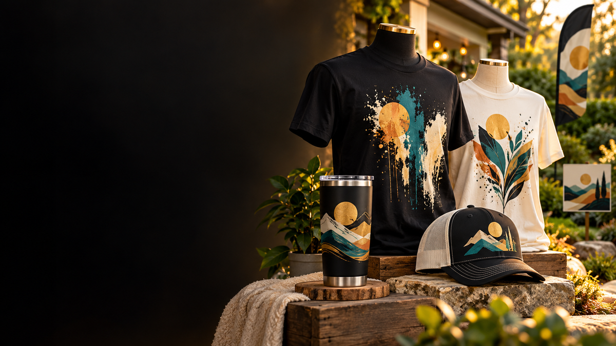 GFC custom shirts, tumbler, cap and signage examples with dark space for headline