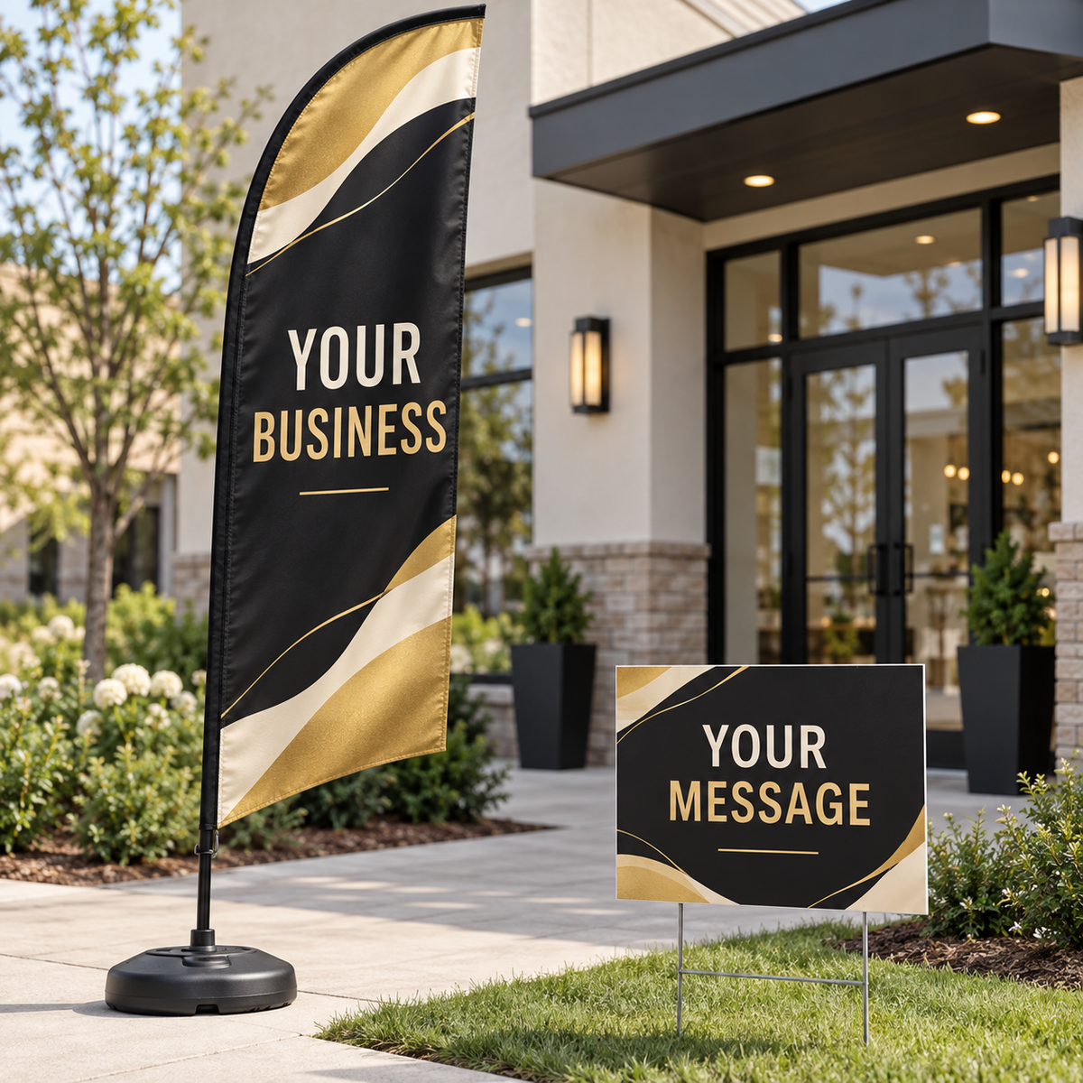 Example custom flag and yard sign package mockup